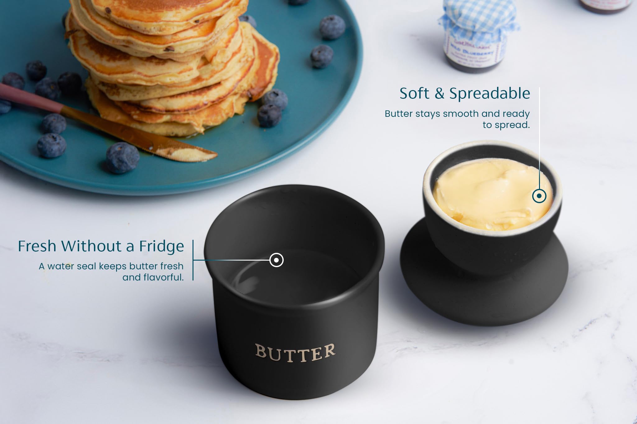 Kook Butter Crock with Lid, Soft Spreadable Butter, Ceramic French Butter Keeper to Leave On Counter with Water Line, Butter Dis